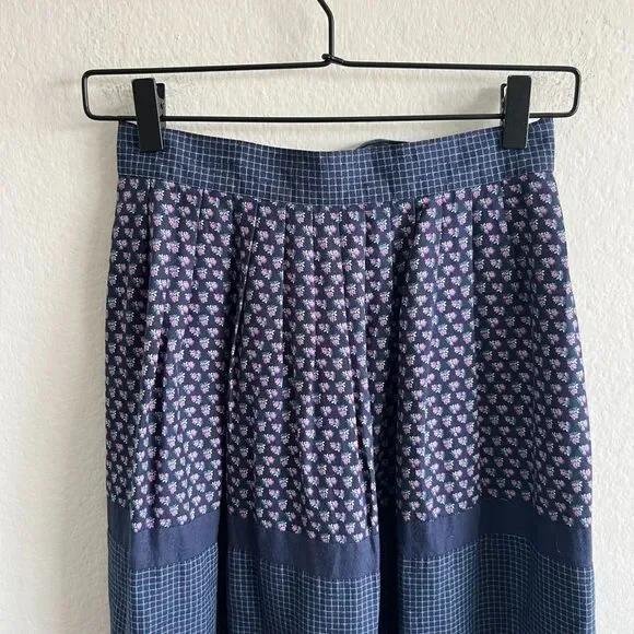 BETTY BARCLAY Vintage 70s Navy Blue Floral Grid A-Line Maxi Skirt Womens XS-S - Picture 4 of 6